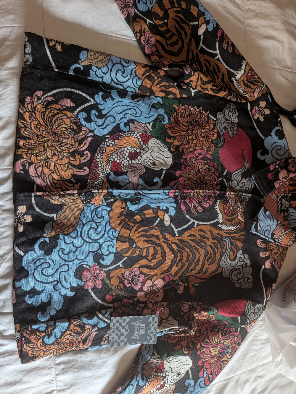 Rebel Vengeance Black Button-Up Shirt with Tiger, Koi & Floral Multicolor LARGE
